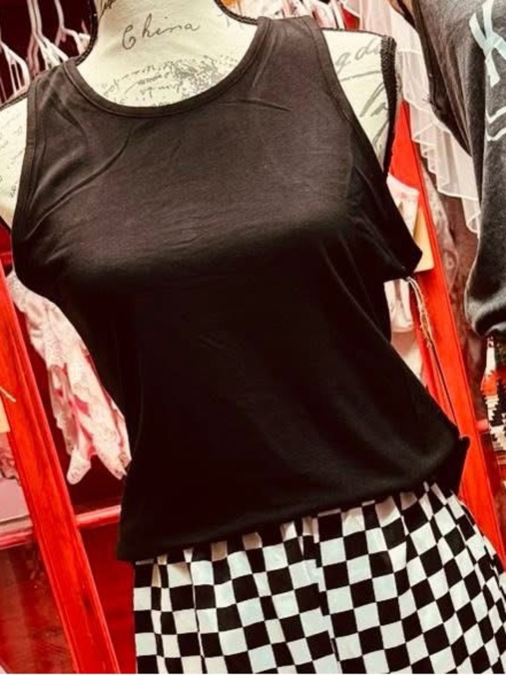 Black Tank Top with Checkerboard Skort